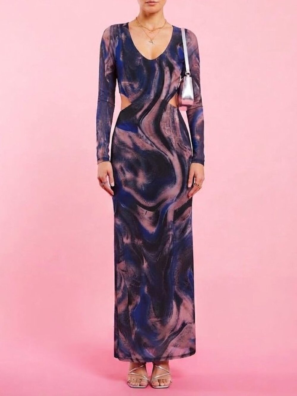 Marble Cutout Long Sleeve Maxi Dress